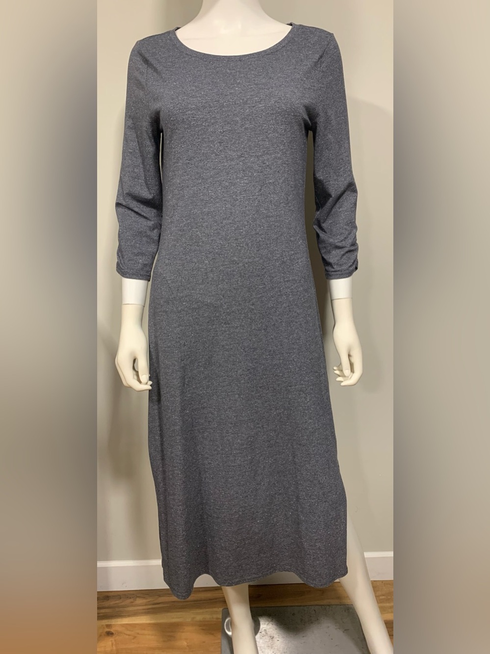 Toad&Co Fuera Dress Womens Med Gray Organic Cotton Ruched 3/4 Sleeve Pockets